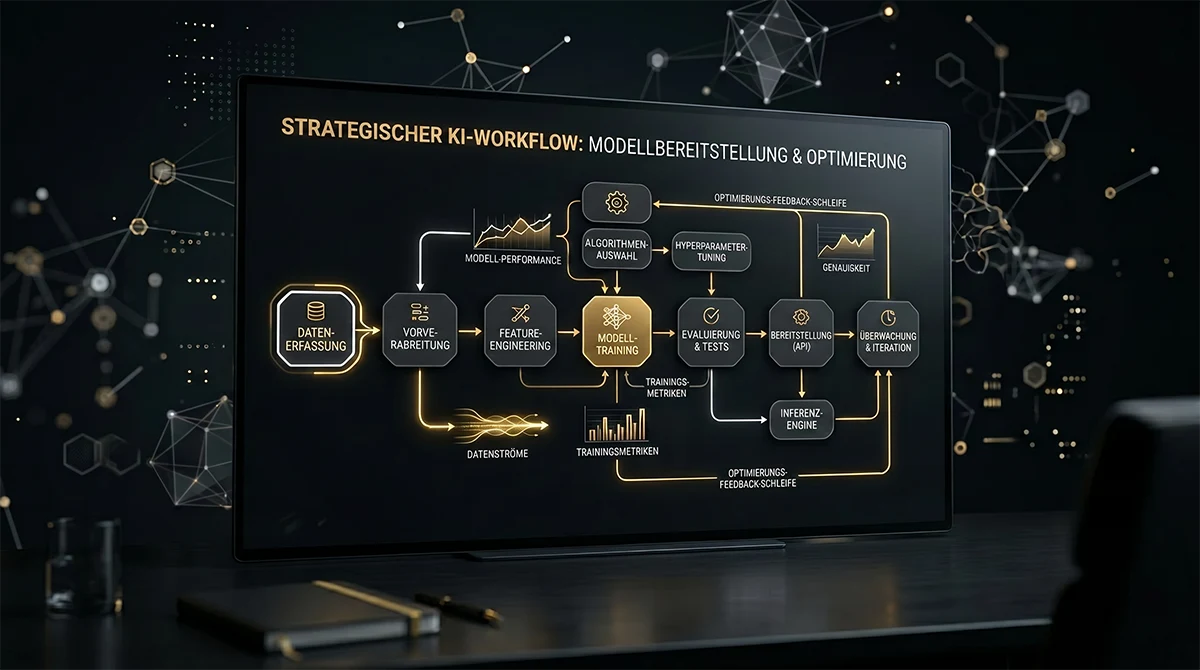 KI Automation Workflow: Strategischer KI-Implementierungsprozess. Datenerfassung, Feature-Engineering, Modelltraining, Evaluierung, Deployment. KISO