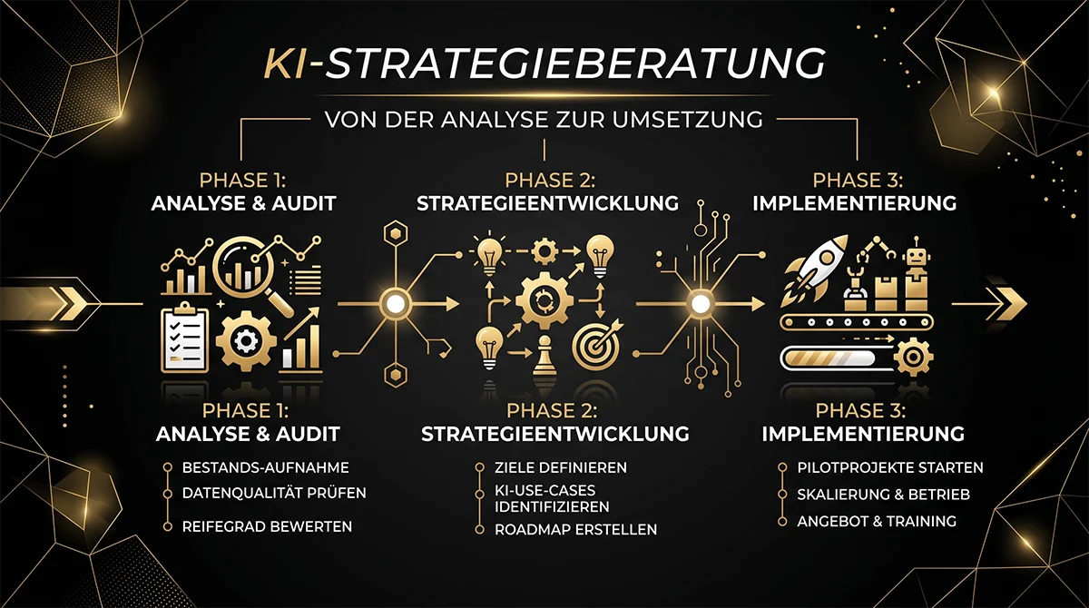 KI Beratung für Unternehmen: 3-Phasen Strategieprozess. Analyse und Audit, Strategieentwicklung, Implementierung. KISO